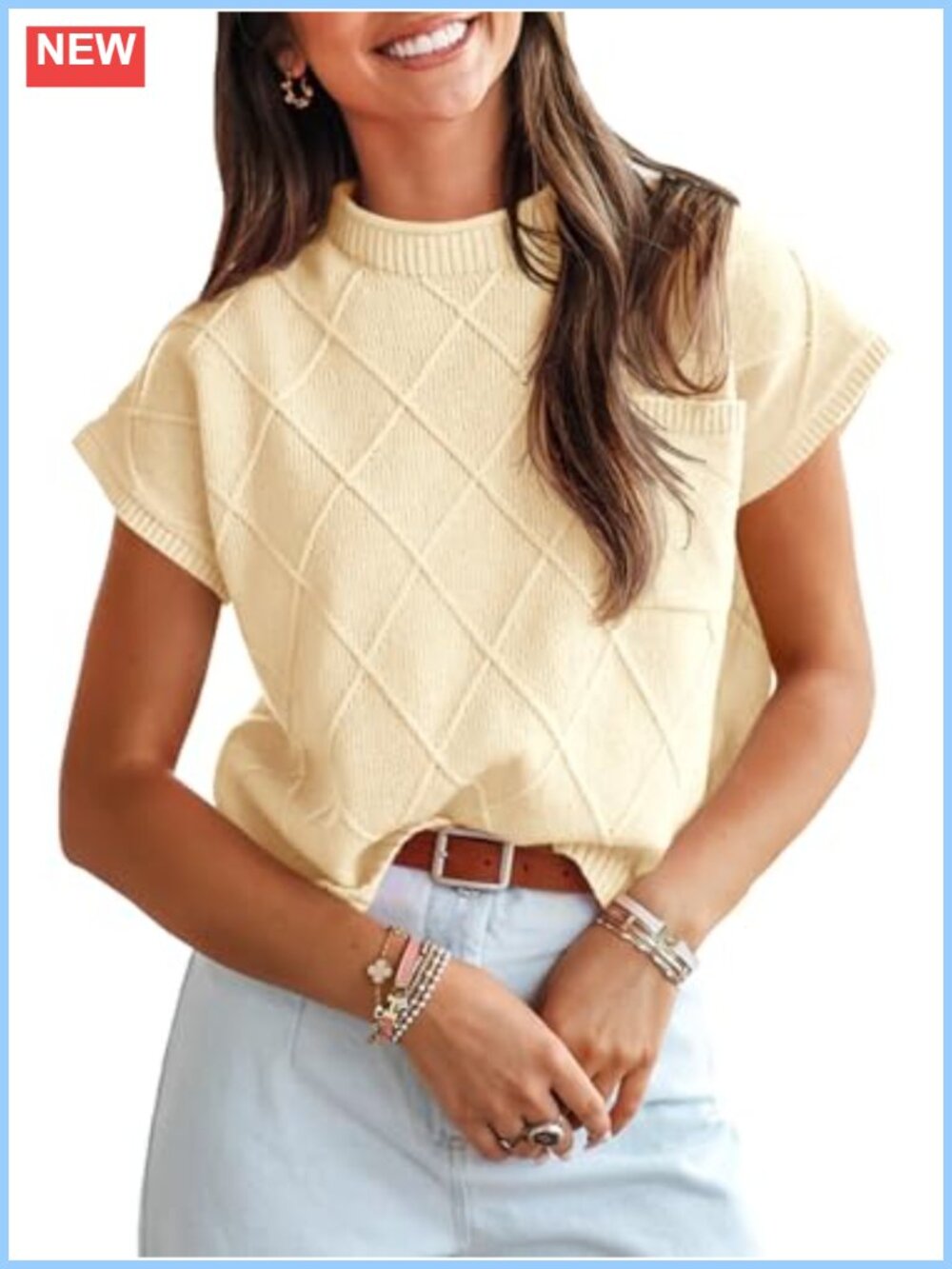 Women's Mock Neck Cap Sleeve Knit Sweater Top Textured Loose Pullover